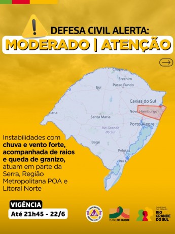 Defesa Civil alerta: Condição de ATENÇÃO para instabilidades com chuva e vento forte, acompanhada de raios e queda de granizo