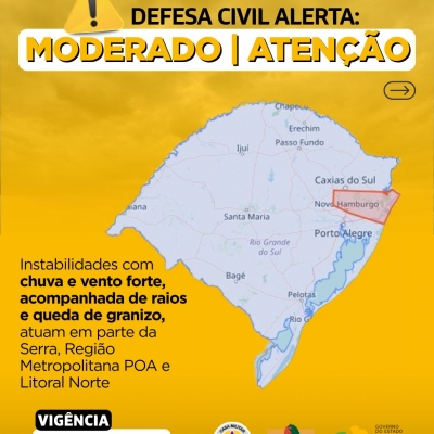 Defesa Civil alerta: Condição de ATENÇÃO para instabilidades com chuva e vento forte, acompanhada de raios e queda de granizo