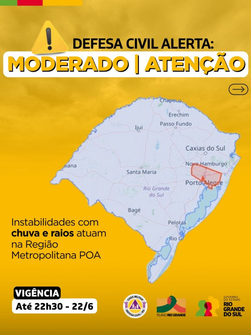 Defesa Civil alerta: Condição de ATENÇÃO para instabilidades com chuva e raios que atuam na Região Metropolitana POA