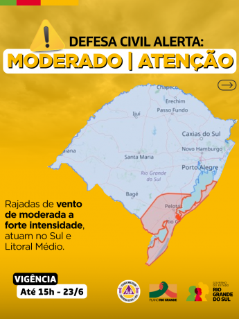 Defesa Civil alerta para condição de ATENÇÃO para rajadas de vento de 50-80 km/h no Sul e Litoral Médio