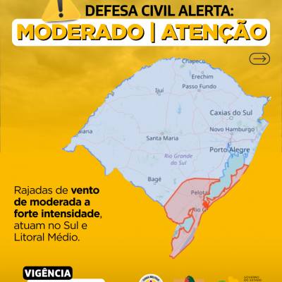Defesa Civil alerta para condição de ATENÇÃO para rajadas de vento de 50-80 km/h no Sul e Litoral Médio