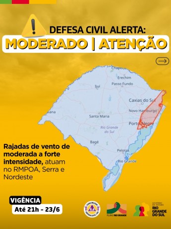 Defesa Civil alerta: condição de ATENÇÃO para rajadas de ventos