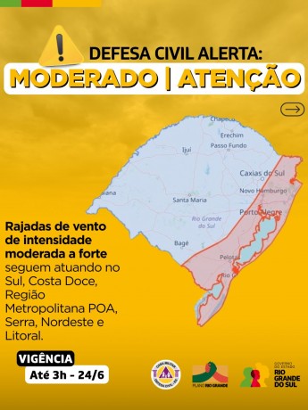 Defesa Civil alerta: Condição de ATENÇÃO para rajadas de vento de intensidade moderada a forte