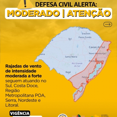 Defesa Civil alerta: Condição de ATENÇÃO para rajadas de vento de intensidade moderada a forte