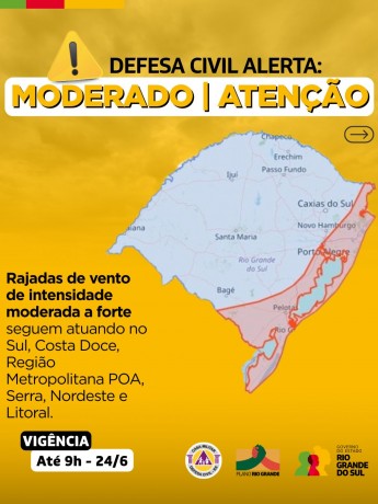 Defesa Civil alerta: Condição de ATENÇÃO para rajadas de vento de intensidade moderada a forte