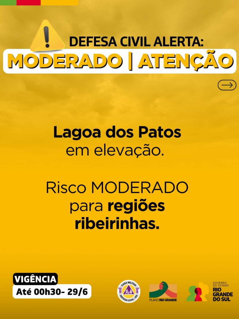 Defesa Civil alerta: ATENÇÃO para elevação da Lago dos Patos