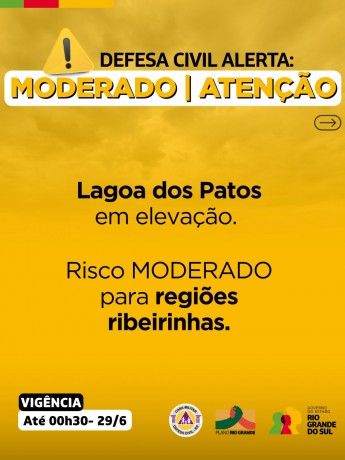 Defesa Civil alerta: ATENÇÃO para elevação da Lago dos Patos