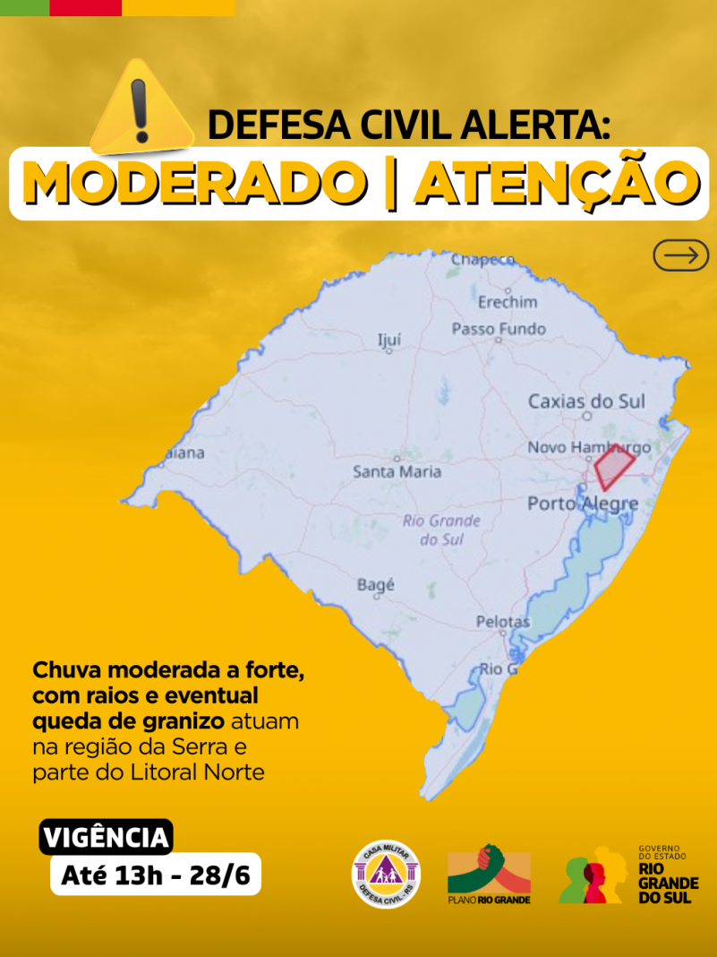 Defesa Civil alerta para condição de ATENÇÃO para chuva, raios e granizo na região da Serra e Litoral Norte