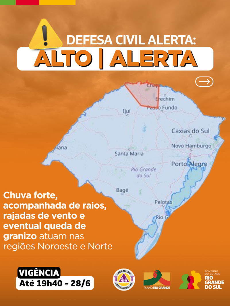 Defesa Civil alerta: Condição de ALERTA para chuva forte, acompanhada de raios, rajadas de vento e eventual queda de granizo atu