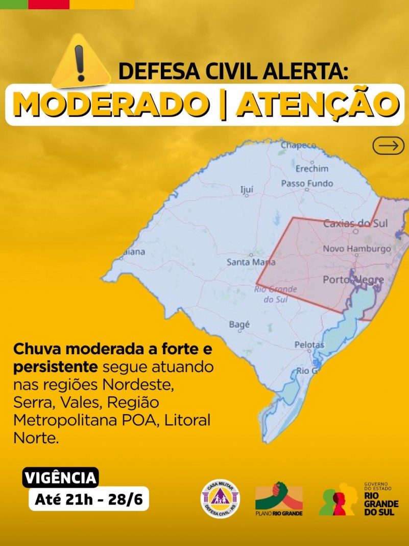 Alerta amarelo para regiões nordeste, serra, vales, RMPOA e litoral norte