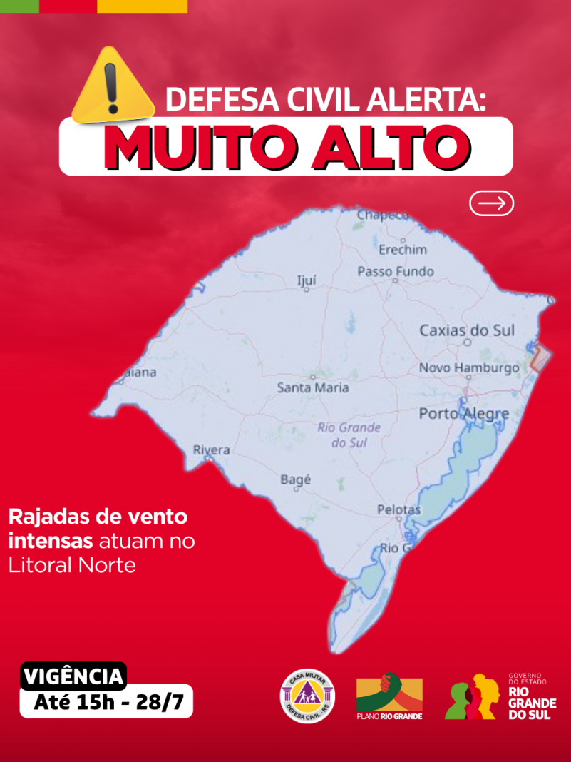 Defesa Civil alerta para Alerta condi&ccedil;&atilde;o SEVERA para vento de 90 a 110 km/h