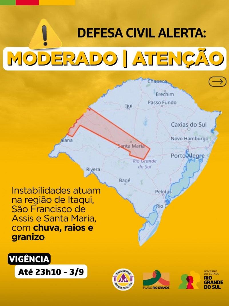 Defesa Civil alerta: Condi&ccedil;&atilde;o de ATEN&Ccedil;&Atilde;O para instabilidades que atuam na regi&atilde;o de Itaqui, S&atilde;o Francisco de Assis e Santa Maria