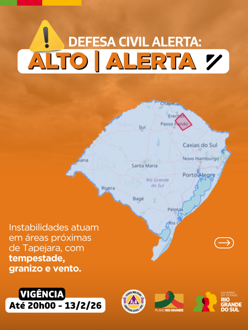 Defesa Civil alerta: Condi&ccedil;&atilde;o de ALERTA para Instabilidades atuam em &aacute;reas pr&oacute;ximas de Tapejara, com tempestade, granizo e vento.
