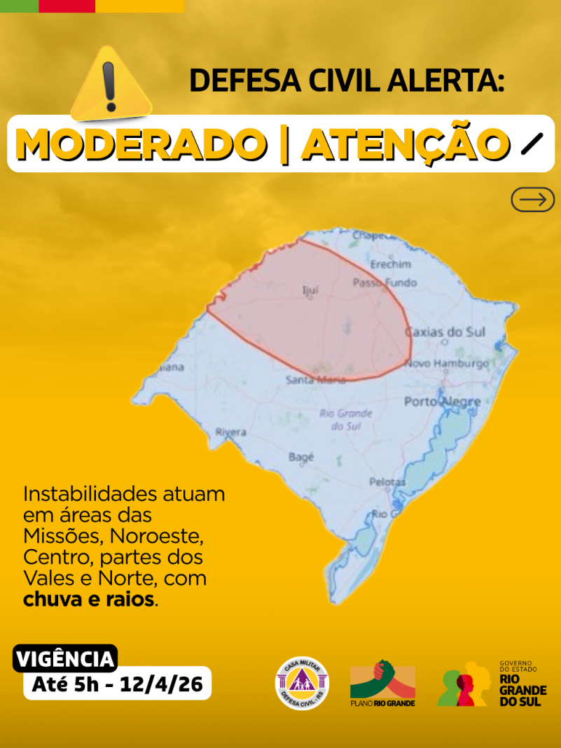 Defesa Civil alerta: Condi&ccedil;&atilde;o de ATEN&Ccedil;&Atilde;O para instabilidades que atuam em &aacute;reas das Miss&otilde;es, Noroeste, Centro, partes dos Vales e Norte