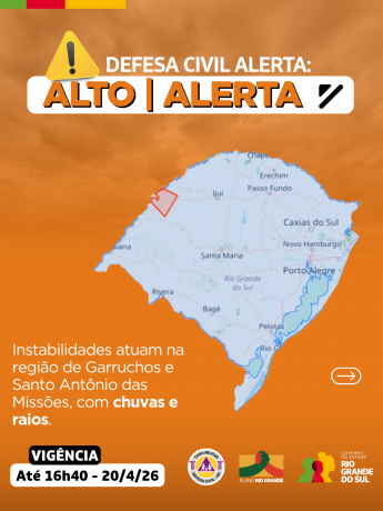 Defesa Civil alerta: Condi&ccedil;&atilde;o de ALERTA para instabilidades que atuam na regi&atilde;o de Garruchos e Santo Ant&ocirc;nio das Miss&otilde;es