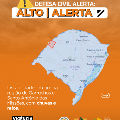 Defesa Civil alerta: Condi&ccedil;&atilde;o de ALERTA para instabilidades que atuam na regi&atilde;o de Garruchos e Santo Ant&ocirc;nio das Miss&otilde;es