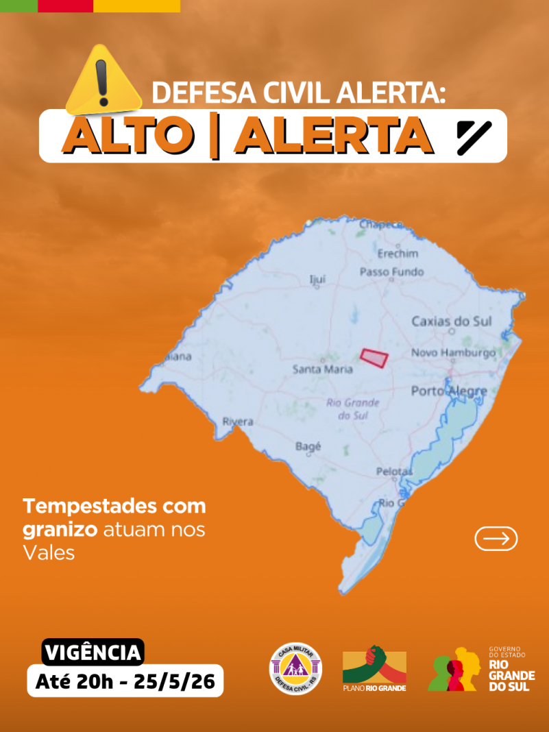 Defesa Civil alerta: Condi&ccedil;&atilde;o de ALERTA para tempestades com granizo que atuam nos Vales. 