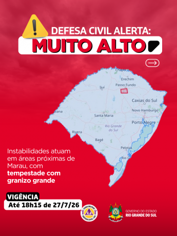Defesa Civil alerta: condi&ccedil;&atilde;o SEVERA para instabilidades que atuam em &aacute;reas pr&oacute;ximas de Marau