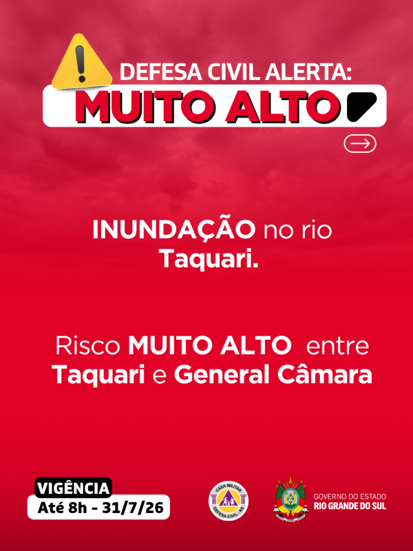Defesa Civil alerta: INUNDA&Ccedil;&Atilde;O no rio Taquari. Risco MUITO ALTO entre Taquari e General C&acirc;mara