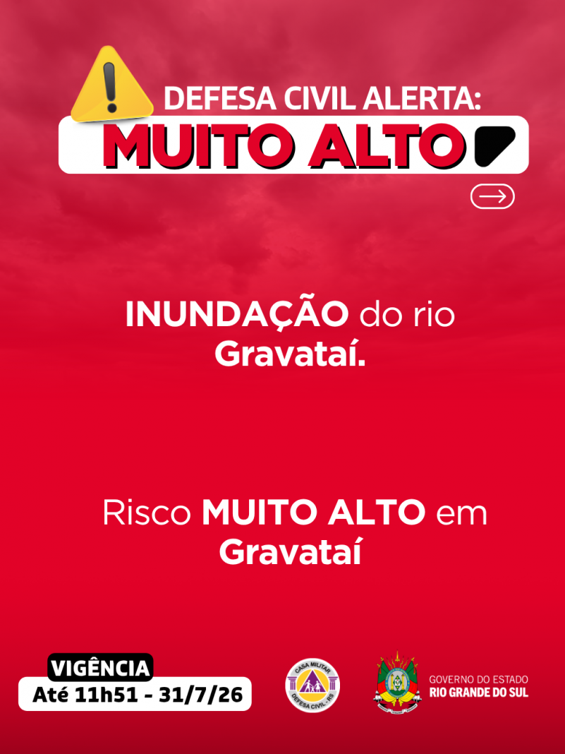 Defesa Civil alerta: Alerta VERMELHO: INUNDA&Ccedil;&Atilde;O do Rio Gravata&iacute;.