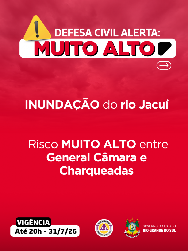 Defesa Civil alerta: INUNDA&Ccedil;&Atilde;O do rio Jacu&iacute;. Risco MUITO ALTO entre General C&acirc;mara e Charqueadas