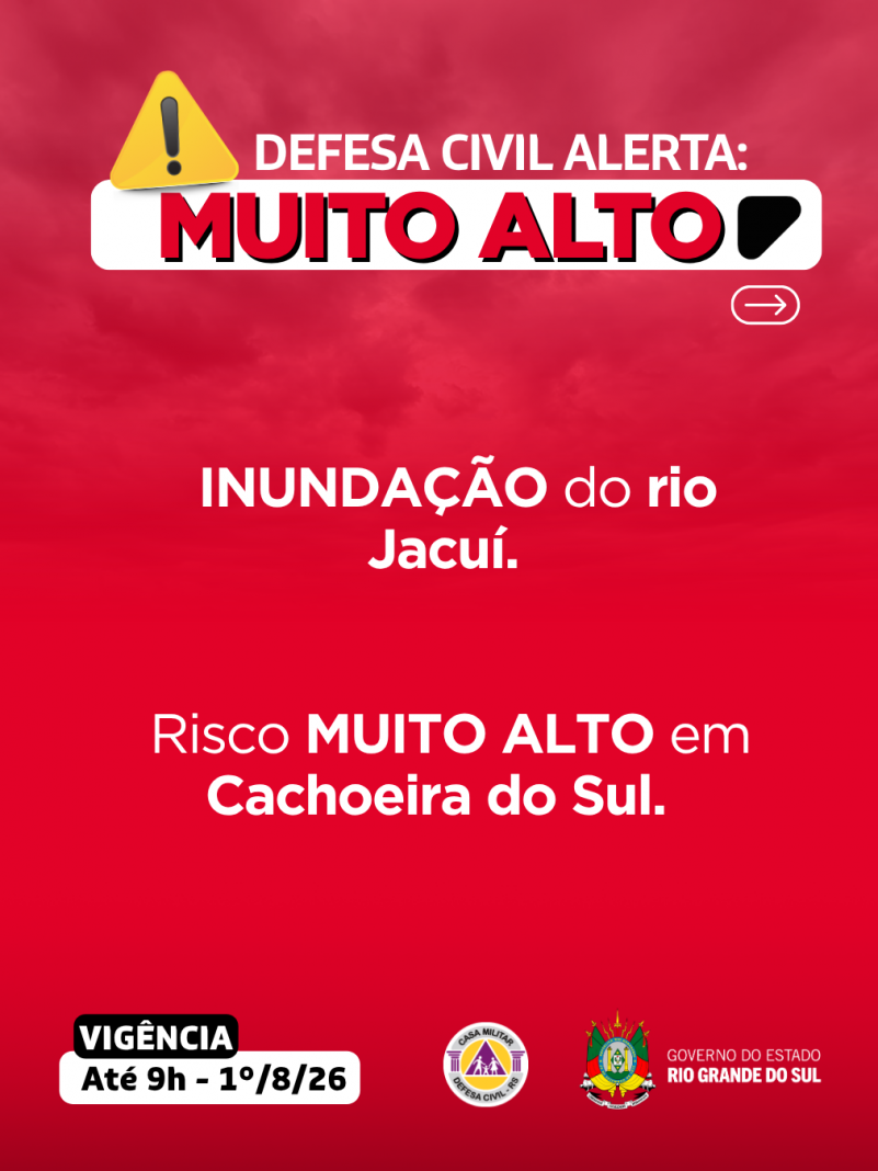 Defesa Civil alerta: INUNDA&Ccedil;&Atilde;O no rio Jacu&iacute;. Risco MUITO ALTO em Cachoeira do Sul