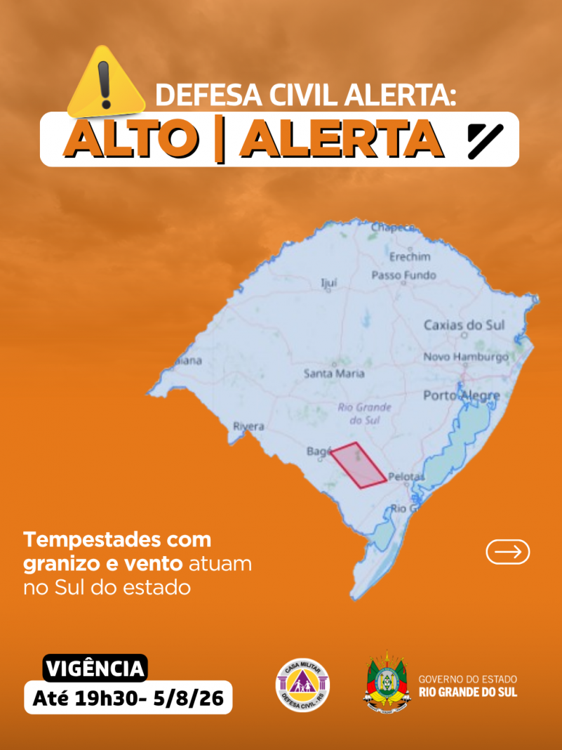 Defesa Civil alerta: condi&ccedil;&atilde;o de ALERTA para tempestades com granizo e vento que atuam no Sul do estado