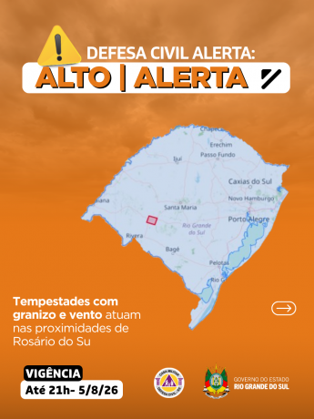 Defesa Civil alerta: condi&ccedil;&atilde;o de ALERTA para tempestades com granizo e vento que atuam nas proximidades de Ros&aacute;rio do Sul