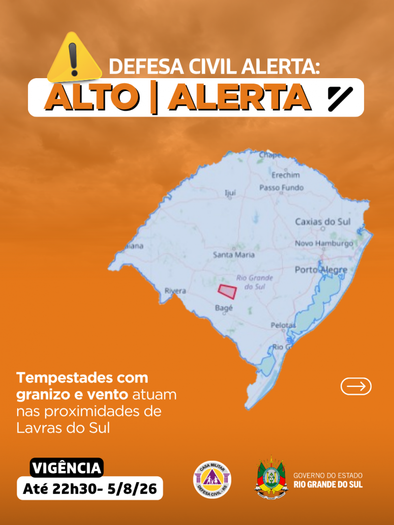 Defesa Civil alerta: condi&ccedil;&atilde;o de ALERTA para tempestades com granizo e vento que atuam nas proximidades de Lavras do Sul