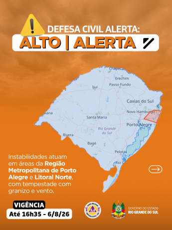 Defesa Civil alerta: Alerta LARANJA. Condi&ccedil;&atilde;o de ALERTA para tempestade com granizo e vento em &aacute;reas da Regi&atilde;o Metropolitana de Porto Alegre e Litoral Norte