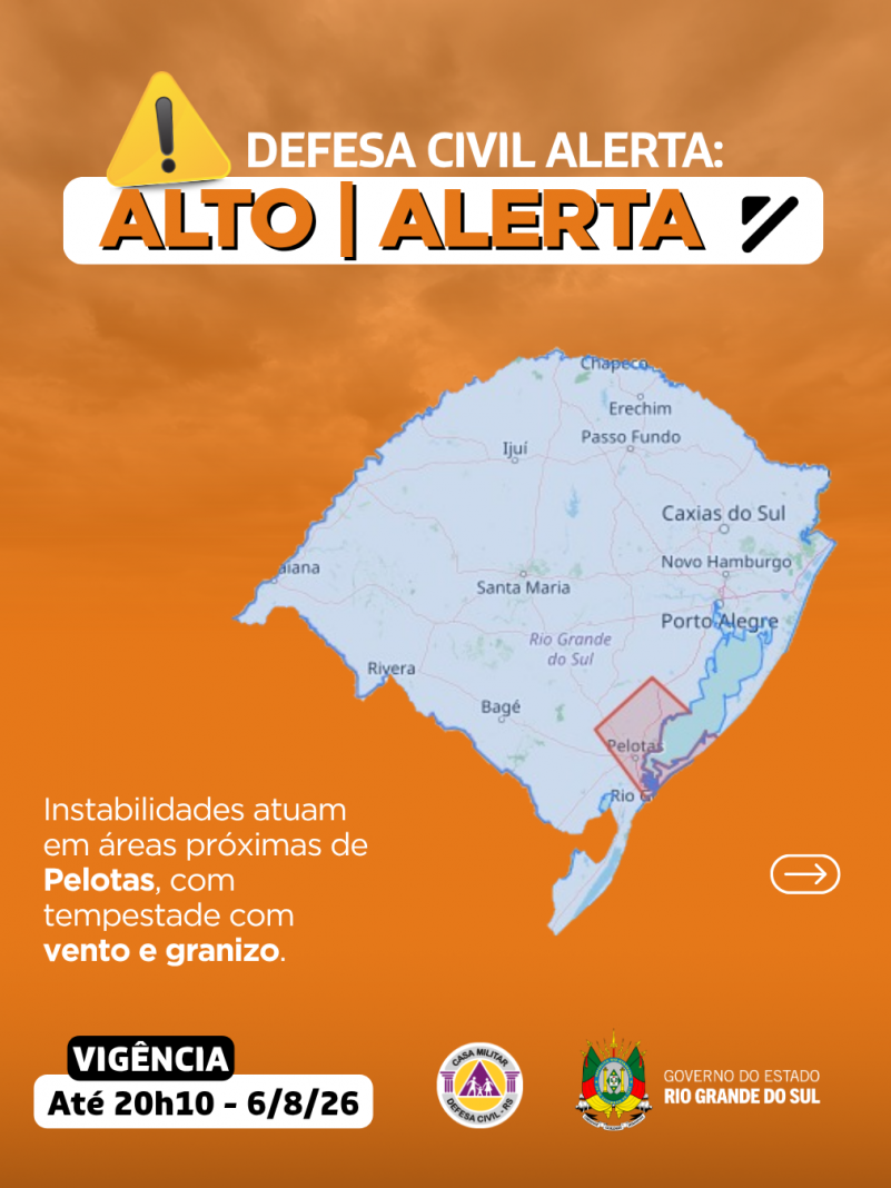 Defesa Civil alerta: Alerta LARANJA. Condi&ccedil;&atilde;o de ALERTA para tempestade com granizo e vento em &aacute;reas pr&oacute;ximas de Pelotas.
