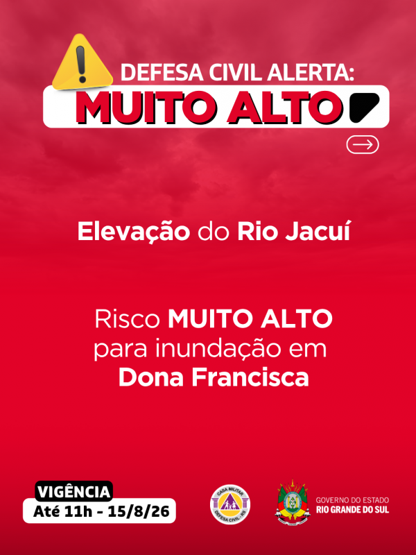Defesa Civil alerta: INUNDA&Ccedil;&Atilde;O do rio Jacu&iacute;. Risco MUITO ALTO de inunda&ccedil;&atilde;o em Dona Francisca
