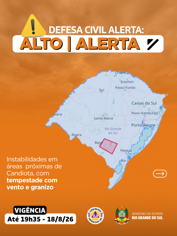 Defesa Civil alerta: condi&ccedil;&atilde;o de ALERTA para instabilidades atuam em &aacute;reas pr&oacute;ximas de Candiota