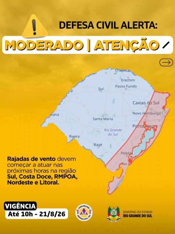 Defesa Civil alerta: Condi&ccedil;&atilde;o de ATEN&Ccedil;&Atilde;O para rajadas de vento nas pr&oacute;ximas horas em algumas &aacute;reas do RS