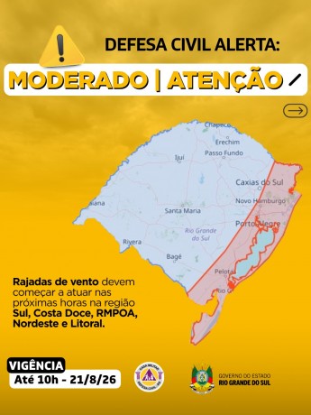 Defesa Civil alerta: Condi&ccedil;&atilde;o de ATEN&Ccedil;&Atilde;O para rajadas de vento nas pr&oacute;ximas horas em algumas &aacute;reas do RS