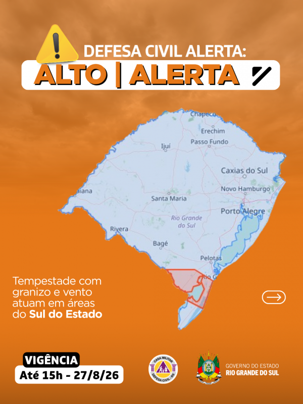 Defesa Civil alerta: Condi&ccedil;&atilde;o de ALERTA LARANJA para tempestade com granizo e vento