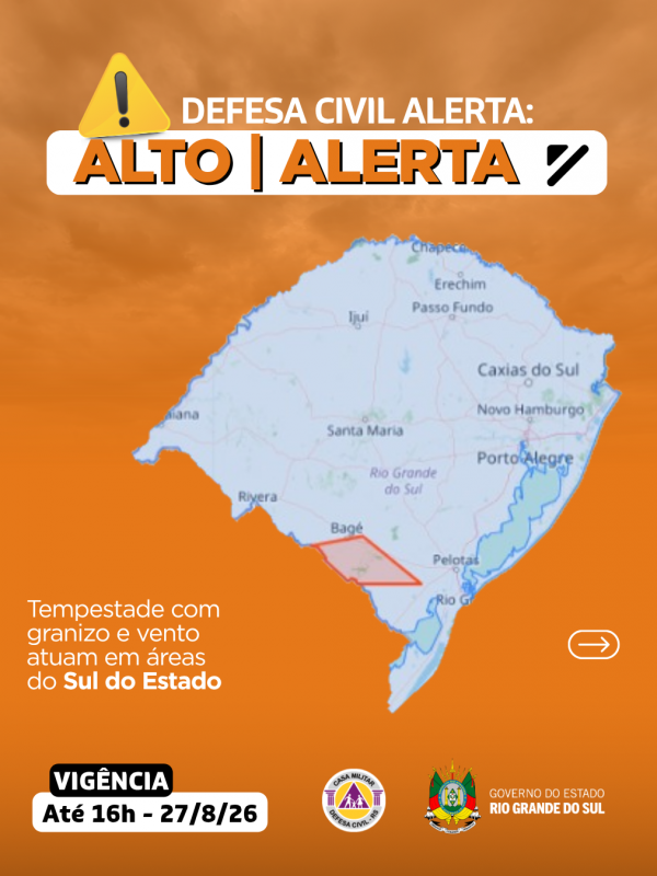 Defesa Civil alerta: Condi&ccedil;&atilde;o de ALERTA LARANJA para tempestade com granizo e vento