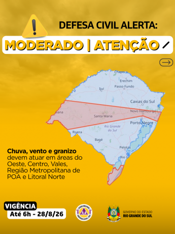 Defesa Civil alerta: Condi&ccedil;&atilde;o de ATEN&Ccedil;&Atilde;O para chuva, vento e granizo que devem atuar em &aacute;reas 