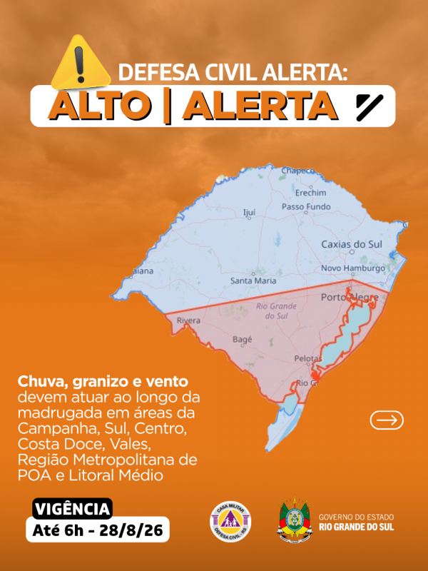 Defesa Civil alerta: condi&ccedil;&atilde;o de ALERTA para chuva, granizo e vento que devem atuar ao longo da madrugada