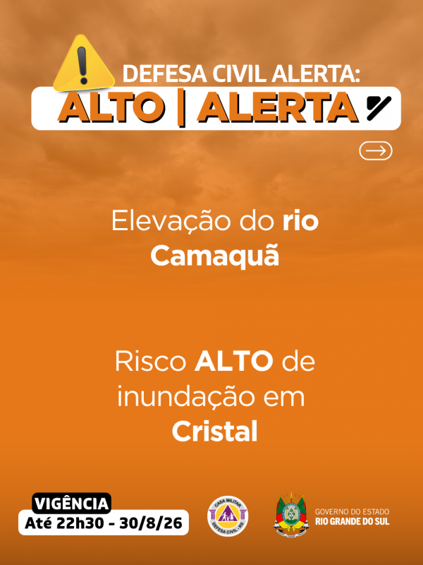 Defesa Civil alerta: eleva&ccedil;&atilde;o do rio Camaqu&atilde;. Risco ALTO de inunda&ccedil;&atilde;o para Cristal