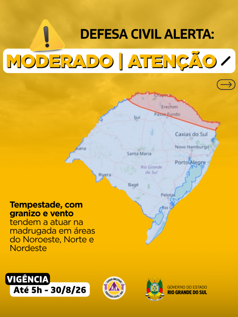 Defesa Civil alerta: Condi&ccedil;&atilde;o de ATEN&Ccedil;&Atilde;O para tempestade, com granizo e vento, que tende a atuar na madrugada em &aacute;reas do Noroeste Norte e Nordeste