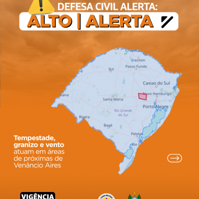 Defesa Civil alerta: condi&ccedil;&atilde;o de ALERTA para tempestade, granizo e vento que atuam em &aacute;reas de pr&oacute;ximas de Ven&acirc;ncio Aires