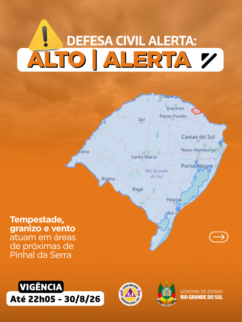 Defesa Civil alerta: condi&ccedil;&atilde;o de ALERTA para tempestade, granizo e vento que atuam em &aacute;reas de pr&oacute;ximas de Pinhal da Serra