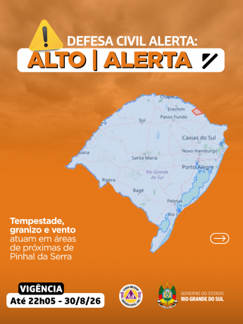 Defesa Civil alerta: condi&ccedil;&atilde;o de ALERTA para tempestade, granizo e vento que atuam em &aacute;reas de pr&oacute;ximas de Pinhal da Serra