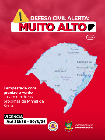 Defesa Civil alerta: condi&ccedil;&atilde;o SEVERA para tempestades com granizo e vento que atuam em &aacute;reas pr&oacute;ximas de Pinhal da Serra