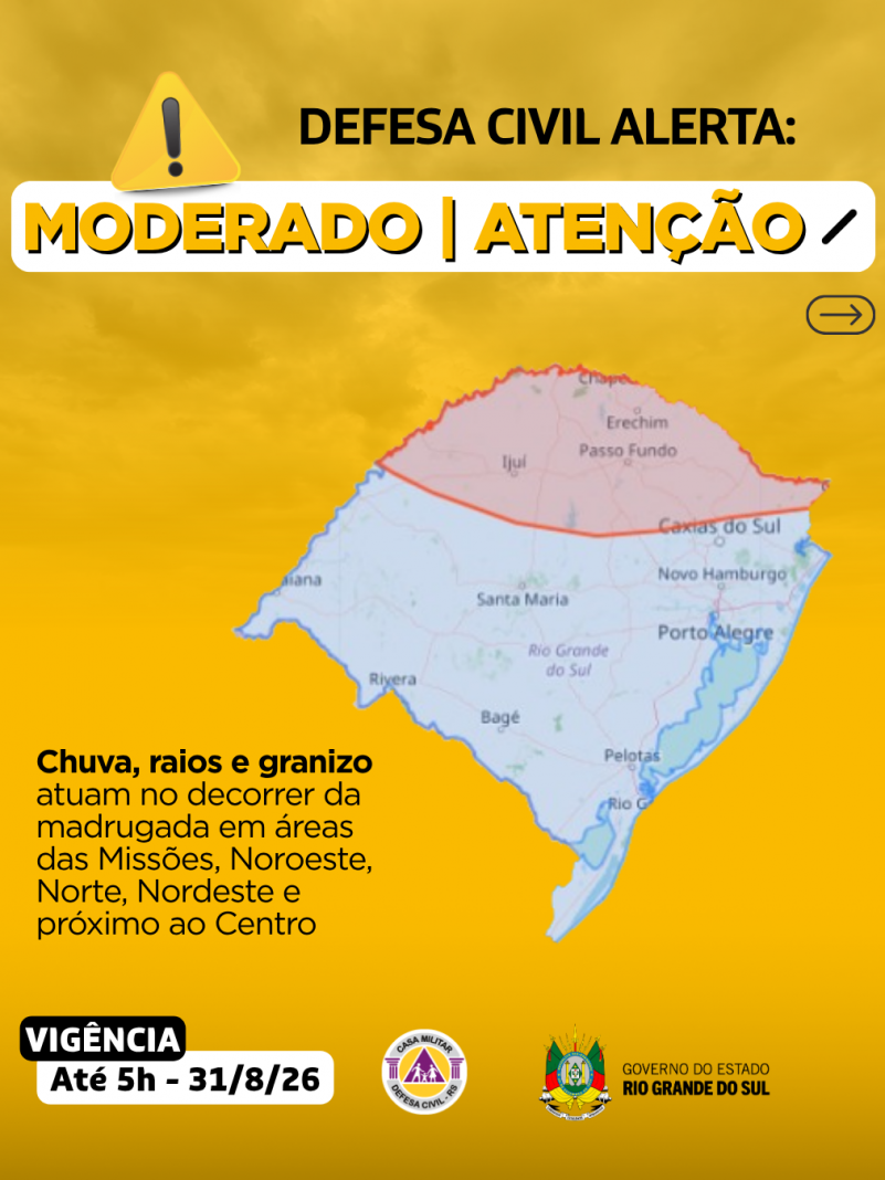 Defesa Civil alerta: Condi&ccedil;&atilde;o de ATEN&Ccedil;&Atilde;O para chuva, raios e granizo que atuam no decorrer da madrugada