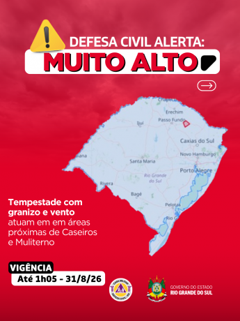 Defesa Civil alerta: condi&ccedil;&atilde;o SEVERA para tempestades com granizo e vento que atuam em &aacute;reas pr&oacute;ximas de Caseiros e Muliterno