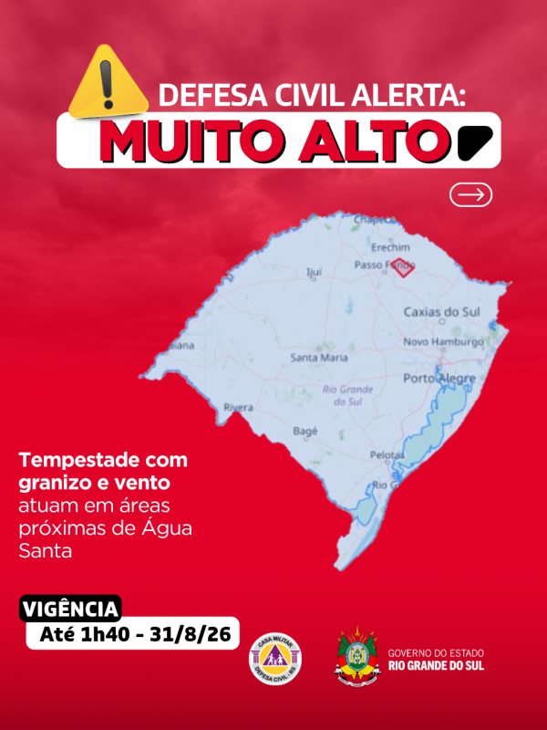 Defesa Civil alerta: condi&ccedil;&atilde;o SEVERA para tempestades com granizo e vento que atuam em &aacute;reas pr&oacute;ximas de &Aacute;gua Santa
