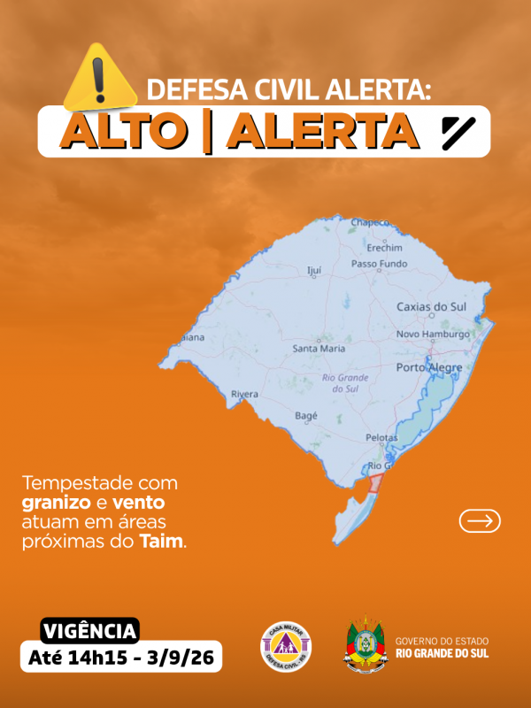 Defesa Civil alerta: Condi&ccedil;&atilde;o de ALERTA LARANJA para tempestade com granizo e vento em &aacute;reas pr&oacute;ximas do Taim