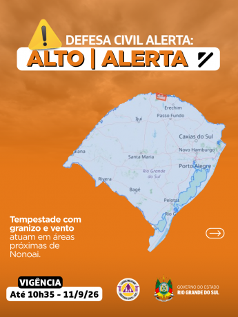 Defesa Civil alerta: condi&ccedil;&atilde;o de ALERTA para tempestade, granizo e vento que atuam em &aacute;reas de pr&oacute;ximas  de Nonoai . 